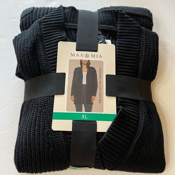 MAX & MIA 100% Cotton Cardigan Sweater Ladies’ XL Black Open Front Pockets NWT - Picture 1 of 15